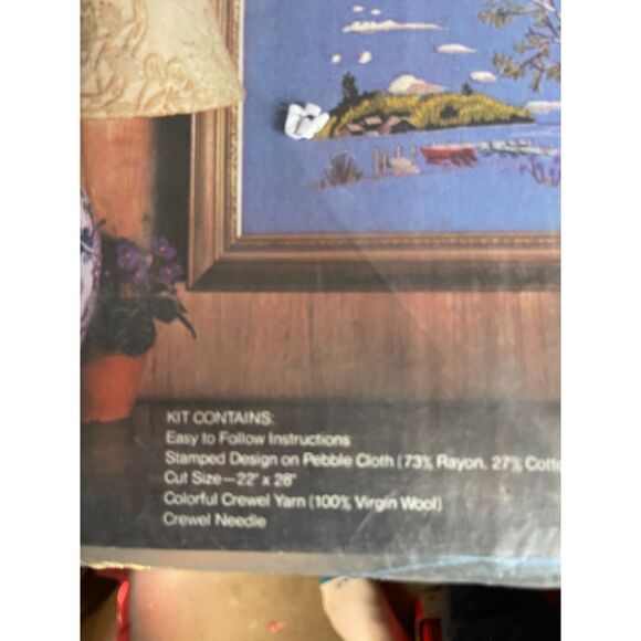Avon Creative Needlecraft LANDSCAPE Picture Crewel Embroidery Lake Boat Tree 18" - Picture 2 of 6
